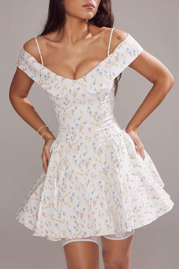 Woochic robe cocktail col bateau imprimé à bretelles taille haute blanc XS